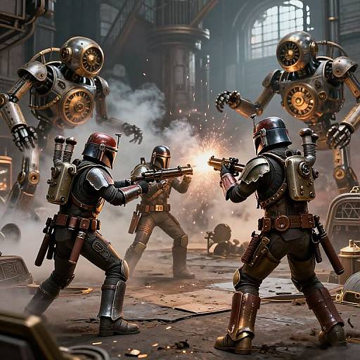 Digital artwork of four armored stormtrooper-like figures in a smoky, industrial warehouse, firing at two hovering, mechanical robot enemies with bright explosions.