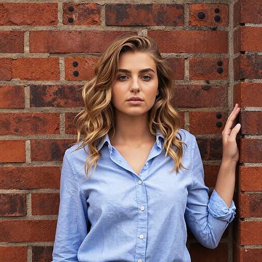 Photograph of a blonde, wavy-haired woman in a light blue button-up shirt standing against a weathered, red brick wall with blackened spots