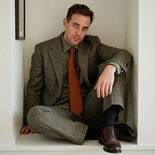 Photograph of a Caucasian man with short brown hair, wearing a grey checkered suit, green shirt, and brown tie, sitting in a white corner
