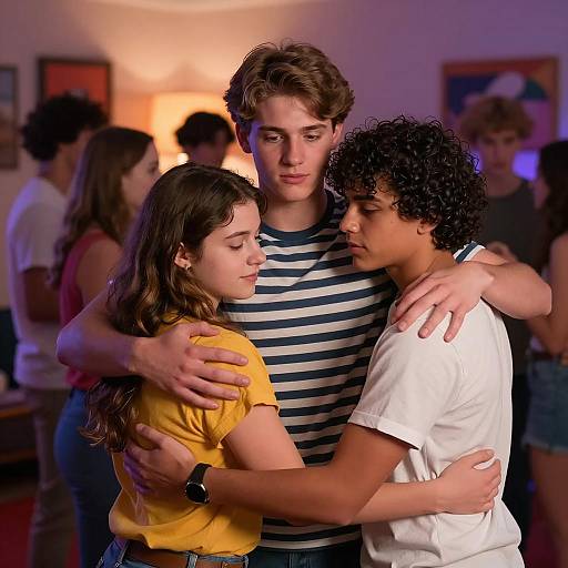 Emotional Teenagers Embrace in Dim Light