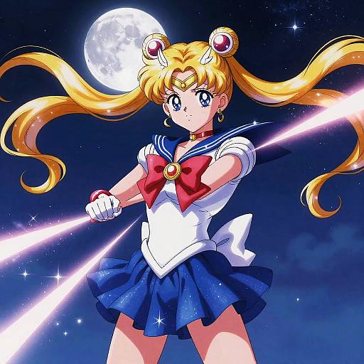 Digital anime-style drawing of Sailor Moon with blonde twin tails, blue skirt, white top, red bow, holding glowing sword under full moon.