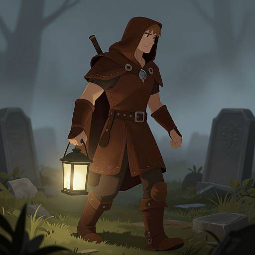 Digital illustration of a hooded, muscular man in dark medieval armor holding a lantern, standing in a foggy graveyard at night.