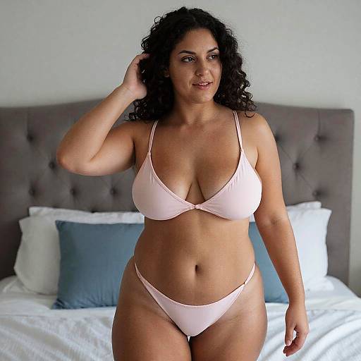 Photograph of a curvy, dark-haired woman with medium skin tone, wearing a pale pink bikini, standing in a bedroom with a tufted