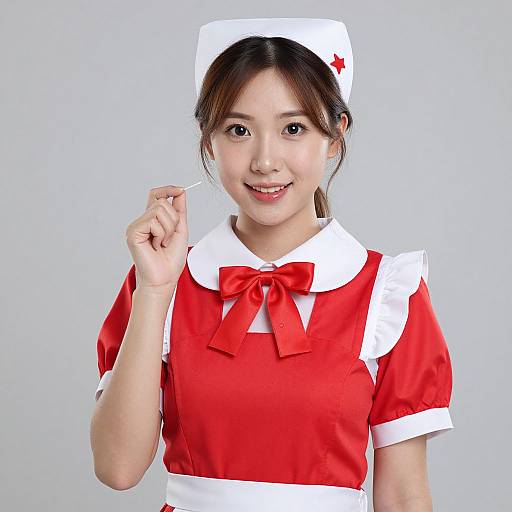 Photograph of an Asian woman in a red and white nurse costume, holding a cotton swab, smiling, against a plain gray background.