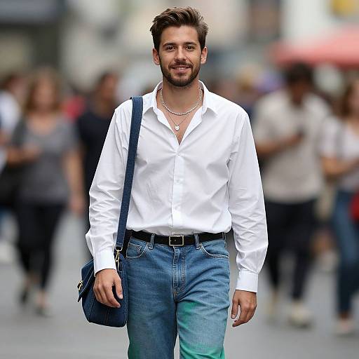 Photograph of a bearded man with short brown hair, wearing a white button-up shirt, blue jeans, and a necklace, walking in a busy