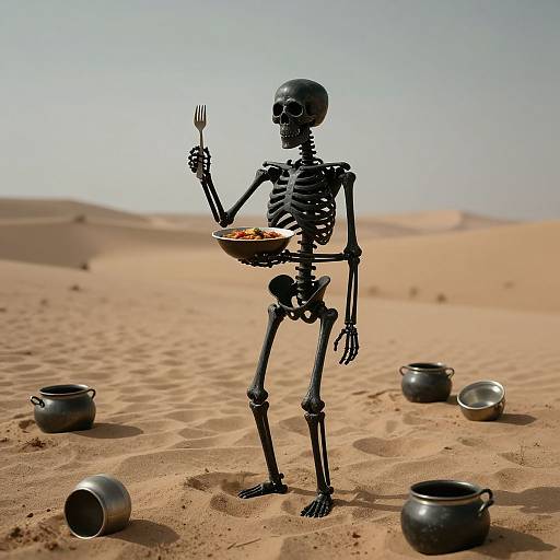 Photograph of a black skeletal figure eating with a fork, holding a bowl of food, surrounded by metal pots in a desert.