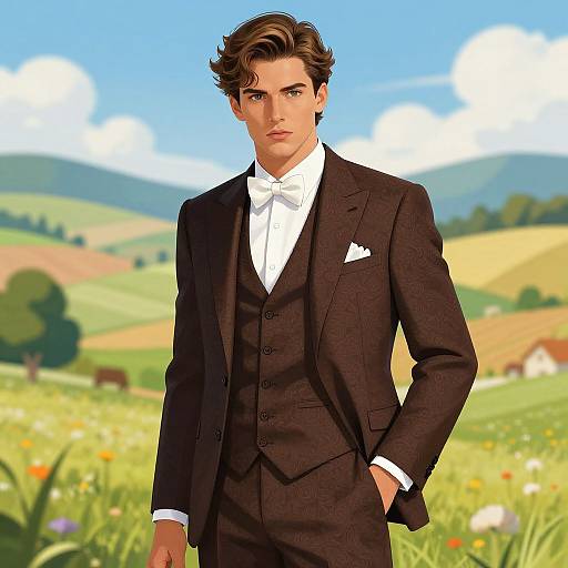 Digital illustration of a handsome, young man with wavy brown hair, wearing a black three-piece suit, white bow tie, and pocket square, standing