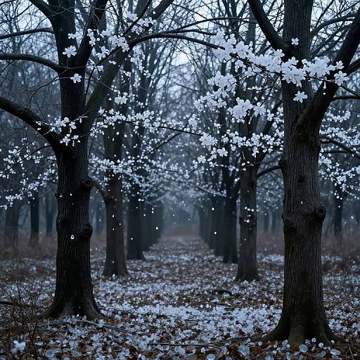 Photograph of a misty forest with leafless trees, snow-dusted ground, and delicate white blossoms, creating a serene, ethereal winter