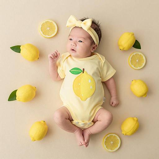 Baby Girl in Lemon Onesie with Lemons