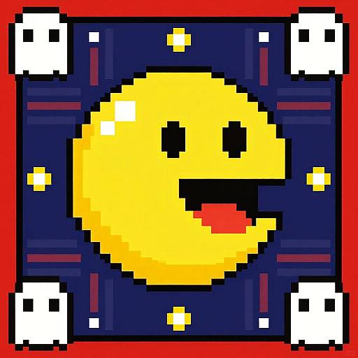 Pixel art of a yellow, smiling sun with a red tongue, set against a dark blue starry background with white pixelated stars. Red border.