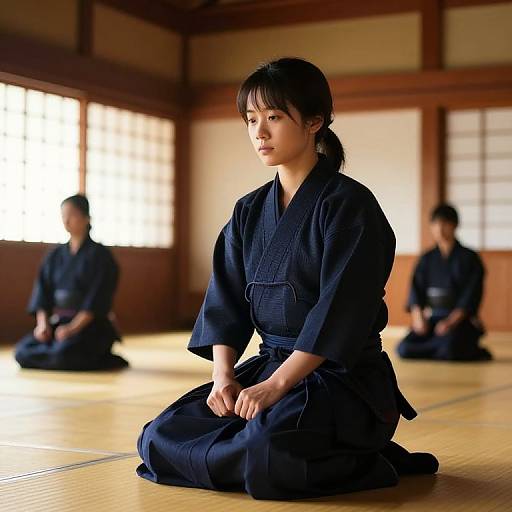 Photograph of three young Japanese women in traditional black kimonos, kneeling on tatami mats in a sunlit wooden dojo.