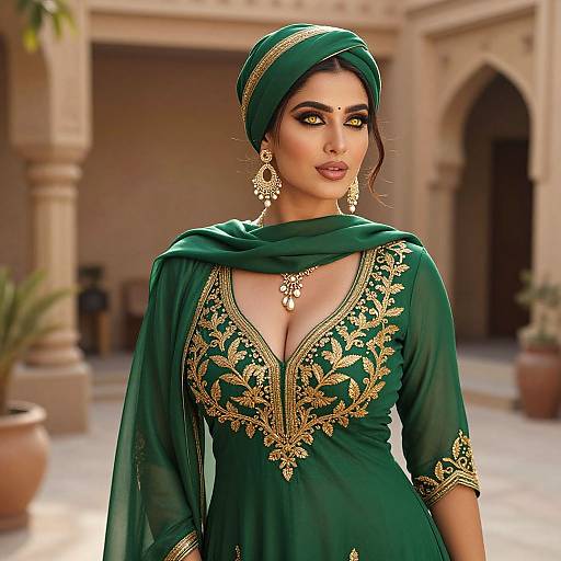 Photograph of a beautiful South Asian woman in a green traditional outfit with gold embroidery, headscarf, and intricate jewelry, standing in an ornate