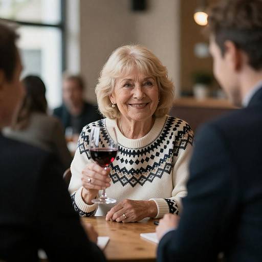 Smiling Elderly Woman at Wooden Table