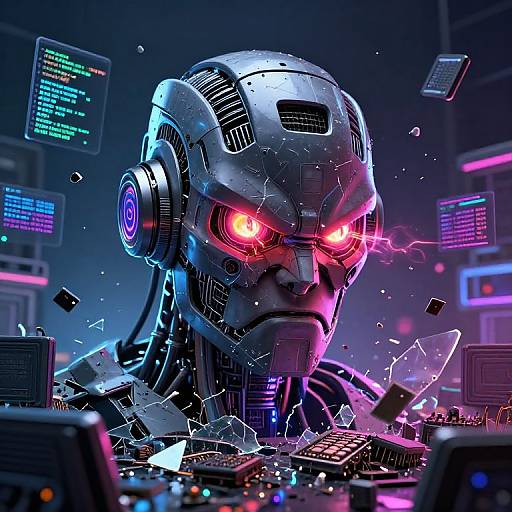Digital CGI of an angry, glowing-red-eyed, cybernetic head with shattered screens and floating data cards in a neon-lit, tech-filled control
