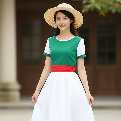 Asian woman with long black hair, wearing a green and white dress with red belt, straw hat, smiling, standing outdoors.