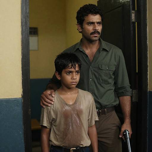 Tense Moment: Man and Boy at Doorway