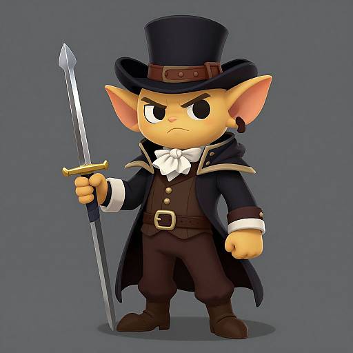 Cartoon goblin with large ears, stern expression, black top hat, dark coat, white bowtie, holding a sword, gray background.