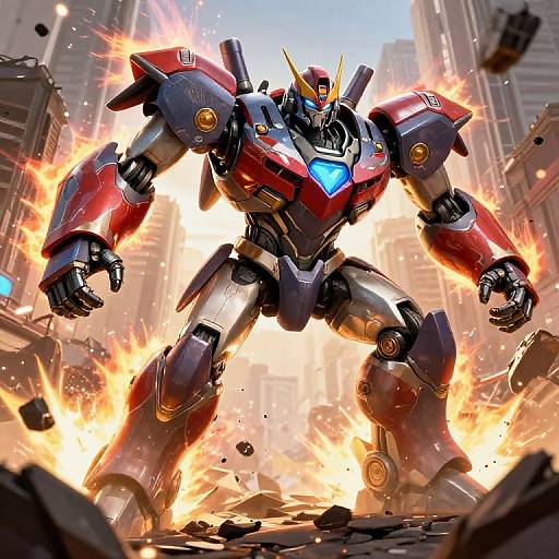 Dynamic CGI of a powerful, red and blue robotic warrior with glowing blue chest emblem, standing amid fiery explosions in a shattered urban landscape.