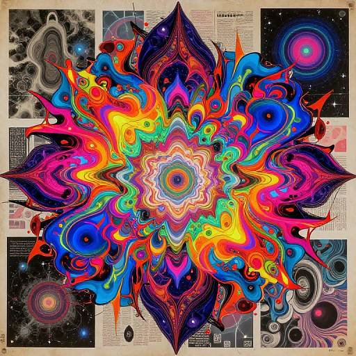 Vibrant, psychedelic abstract mandala with swirling, colorful patterns in red, blue, yellow, and green on a collage of scientific papers. Digital