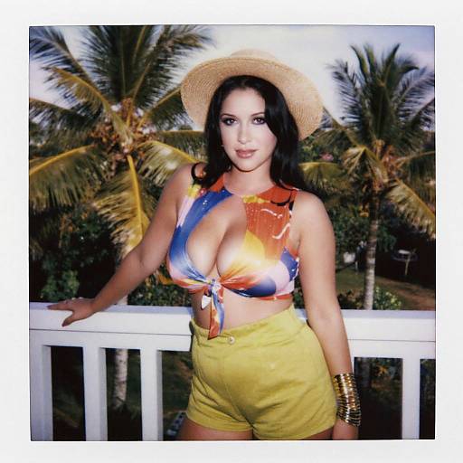 Photograph of a curvy woman with large breasts, wearing a colorful tie-dye top, yellow shorts, straw hat, and gold bracelets, standing