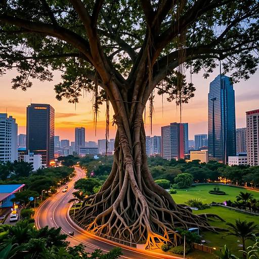 Photograph of a massive tree with sprawling roots in a cityscape at sunset, featuring tall skyscrapers, a winding road, and vibrant orange sky
