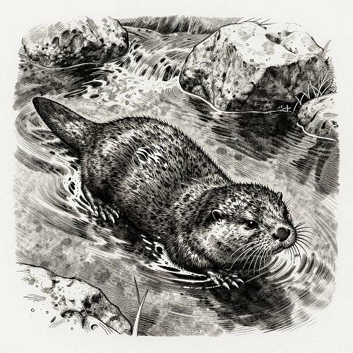Monochrome Illustration of River Otter Swimming