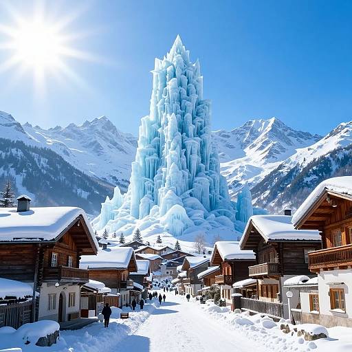 Photograph of a snow-covered mountain village with towering ice formation, wooden chalets, and people walking in the bright blue sky.