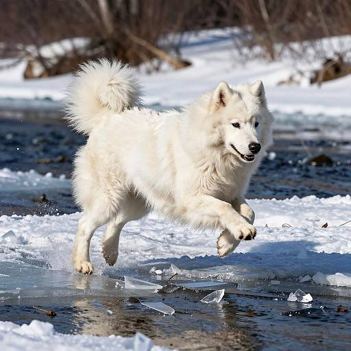 Samoyed Wolf Mix Mid-Leap Action