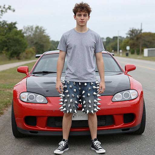 Young man with curly brown hair, gray t-shirt, and black, white-spiked shorts stands in front of a red sports car on a rural road