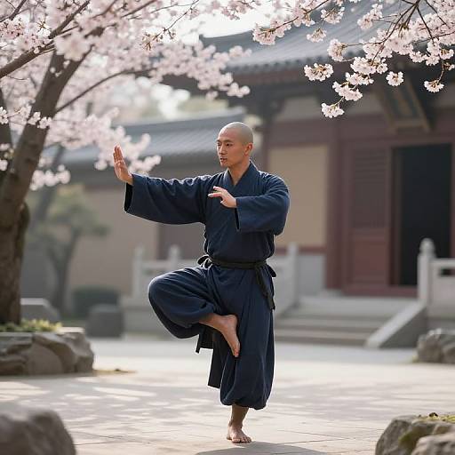 Bald martial artist in navy blue kimono performs a balance pose under cherry blossoms, traditional Japanese building in background. Photographic image.