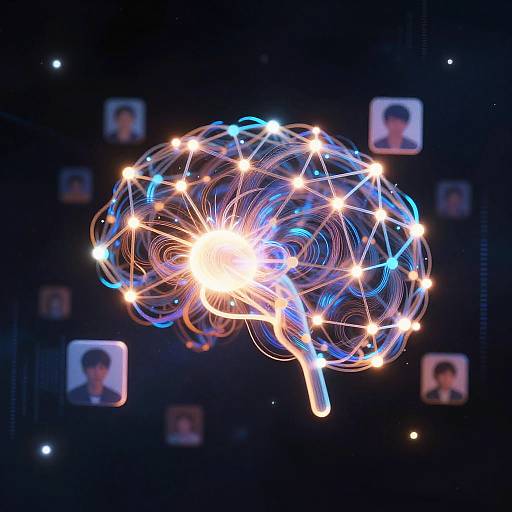 Digital artwork of a glowing brain with blue and white light trails, surrounded by blurred portraits of people on a dark background.