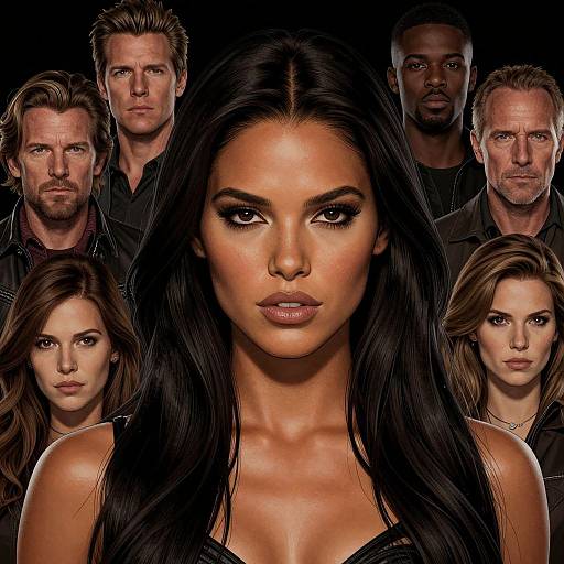Digital composite featuring a central, glamorous woman with long black hair and intense gaze, surrounded by six serious, rugged men with varying hairstyles and expressions. Dark