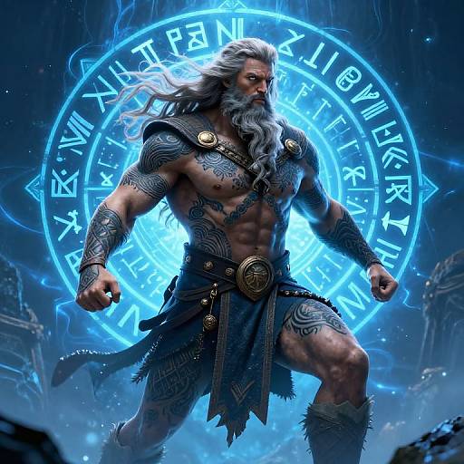 CGI image of a muscular, bearded, grey-haired wizard with tattoos, wearing a dark, ornate loincloth, standing in front of