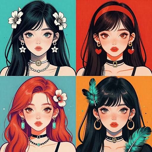 Digital illustration of four anime-style women with distinct hair colors, flowers, jewelry, and chokers, each against vibrant colored backgrounds.
