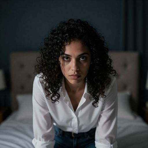 Woman with Curly Hair and Intense Gaze in Dim Room