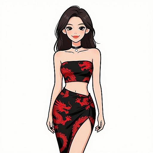 Digital illustration of a smiling Asian woman with long black hair, wearing a black strapless top and matching skirt with red dragon patterns, white background.