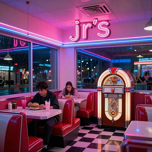Neon-lit 1950s-style diner with red leather booths, checkered floor, illuminated 
