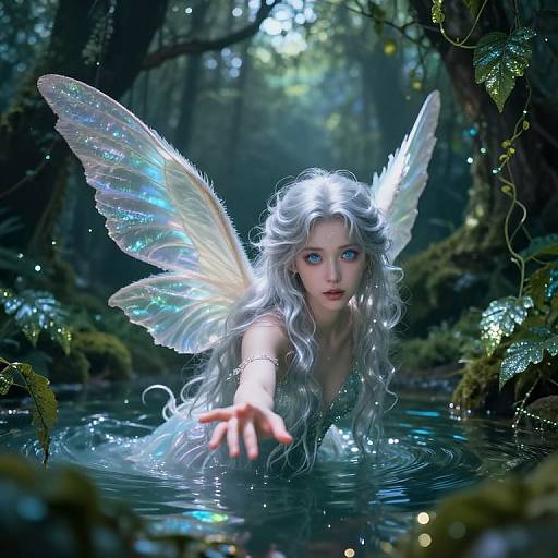 Digital fantasy artwork: A pale, ethereal fairy with long silver hair, glowing blue eyes, and iridescent wings, reaches out from a forest