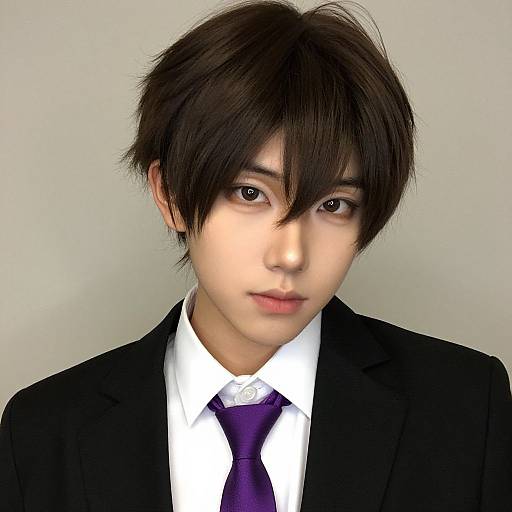 Photorealistic digital portrait of an Asian teenage boy with black, tousled hair, wearing a black suit, white shirt, and purple tie, against