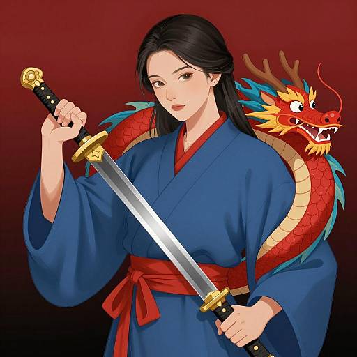 Serene Warrior with Playful Dragon