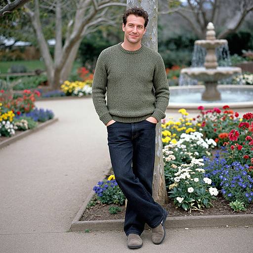 Photograph of a smiling man in an olive green sweater, black pants, and gray shoes, leaning against a tree in a colorful garden with a fountain