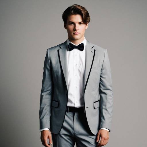 Young man in grey tuxedo with black bowtie