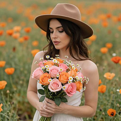 Photograph of a brunette woman in a brown hat, white dress, holding a bouquet of pink and orange roses, standing in a vibrant orange poppy