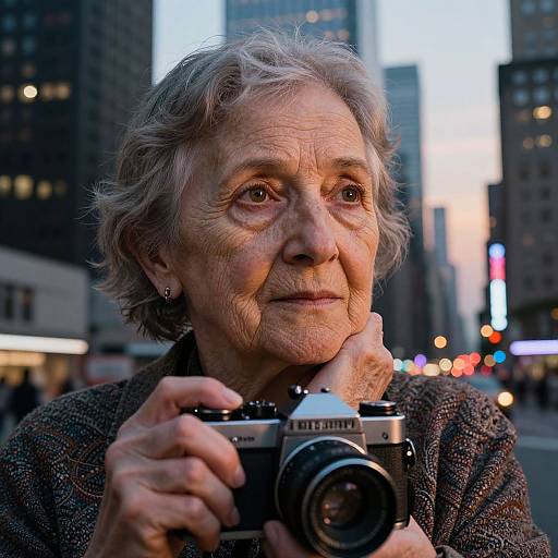 Photograph of an elderly woman with short gray hair, holding a vintage camera, wearing a textured brown jacket, in a cityscape at dusk.
