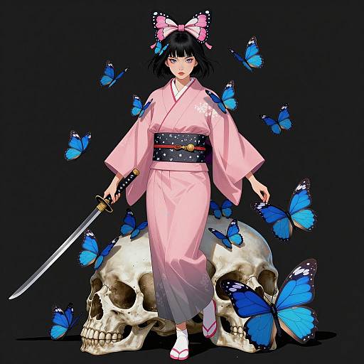 Surreal Asian Woman with Katana and Butterflies