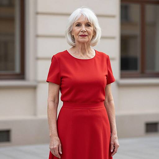 Photograph of an elderly woman with short white hair, wearing a bright red, short-sleeved dress, standing in front of a beige building with