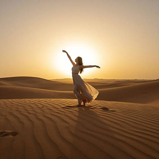 Silhouetted woman in flowing white dress dances in golden desert sand dunes at sunset, arms raised, sun glowing behind her.