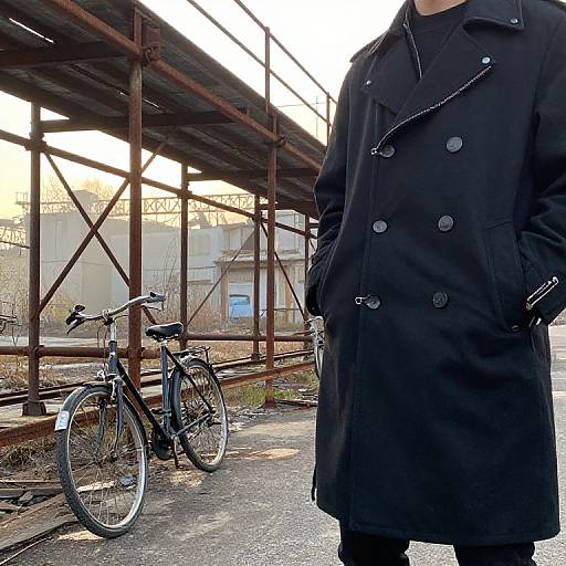 Photograph of a person in a black double-breasted coat standing beside a bicycle under an industrial metal structure with a cloudy sky.
