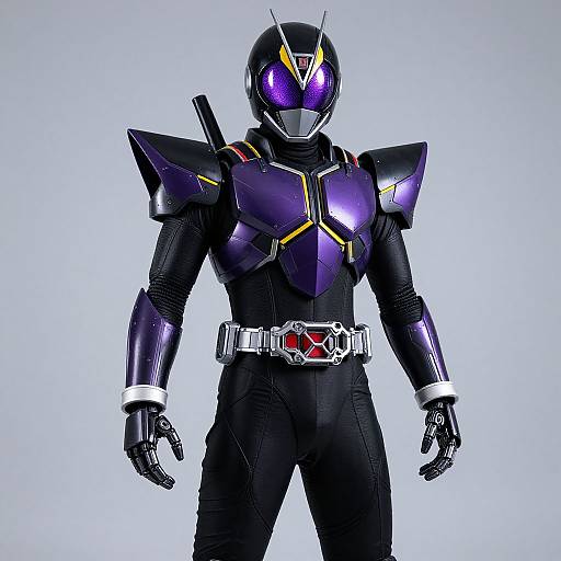 Digital illustration of a Kamen Rider in a black and purple armored suit with glowing purple visor, yellow V-mark, and silver belt.