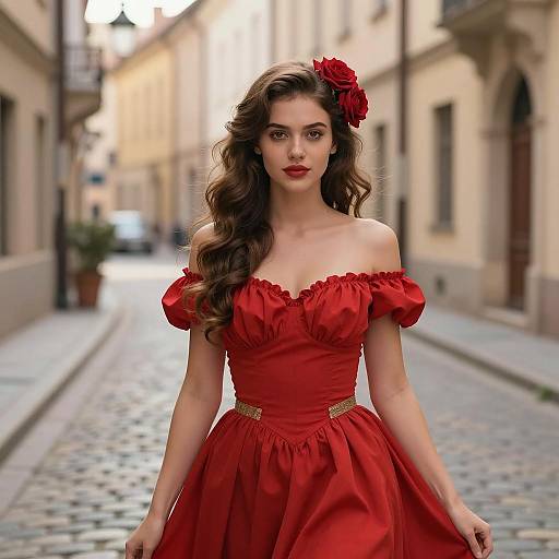 Young Woman in Red Princess Dress on Cobblestone Street